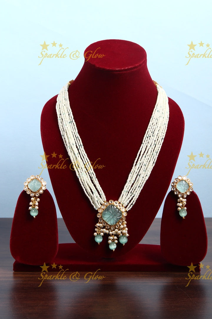 Gold Alike Polished Stone Pendant Multi Layered Pearl Cluster Rani Haram - Mint Green