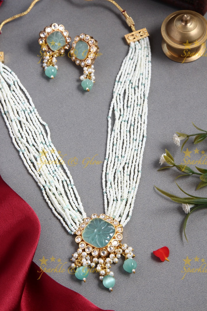 Gold Alike Polished Stone Pendant Multi Layered Pearl Cluster Rani Haram - Mint Green