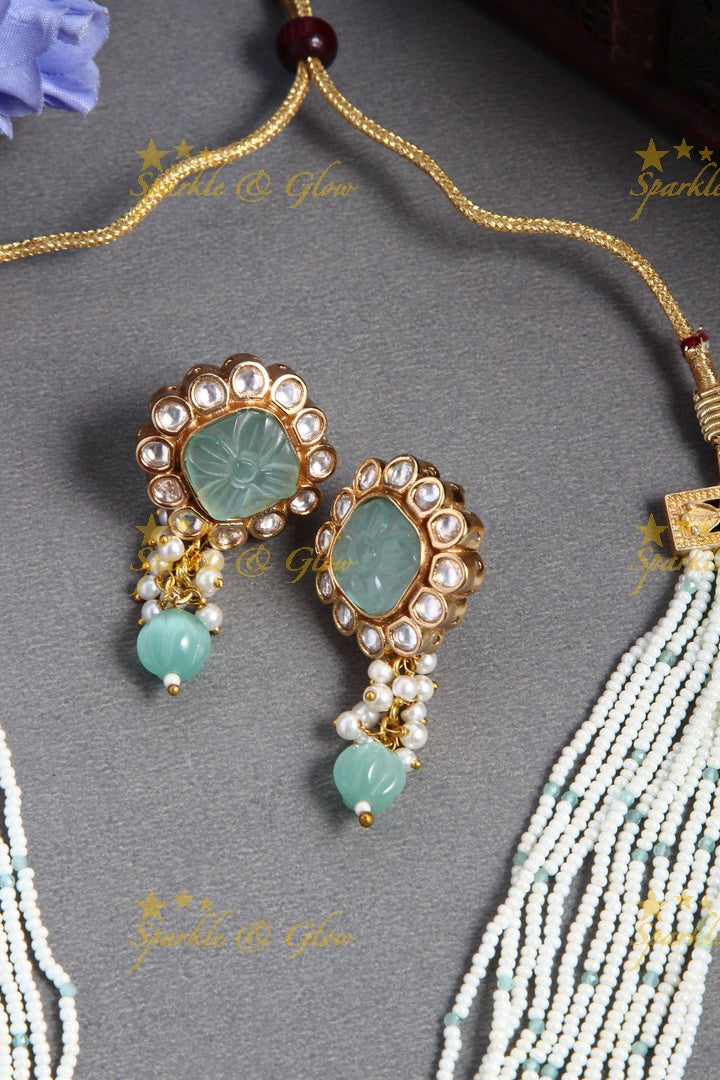 Gold Alike Polished Stone Pendant Multi Layered Pearl Cluster Rani Haram - Mint Green