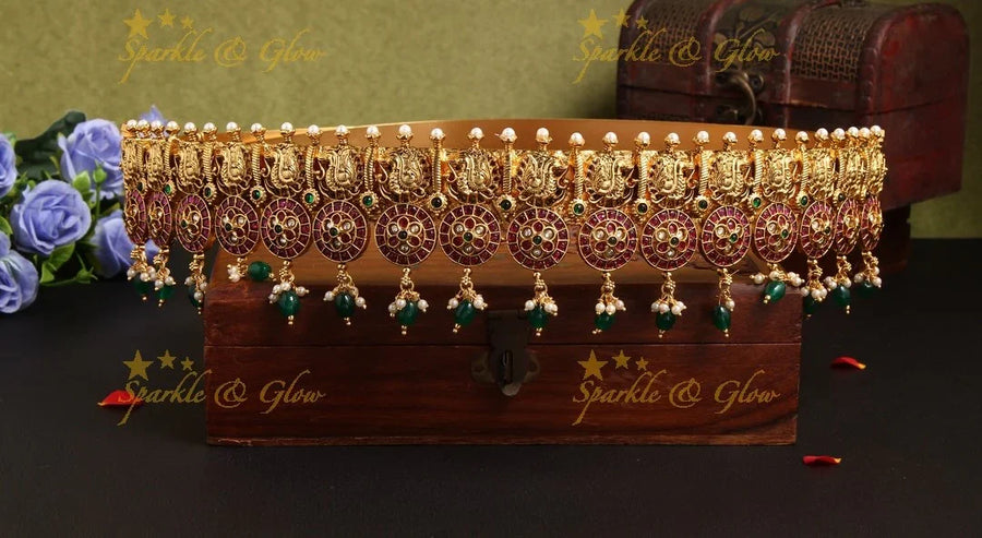 Gold Alike Kemp stone peacock floral hipbelt with green beads - Sparkle and Glow