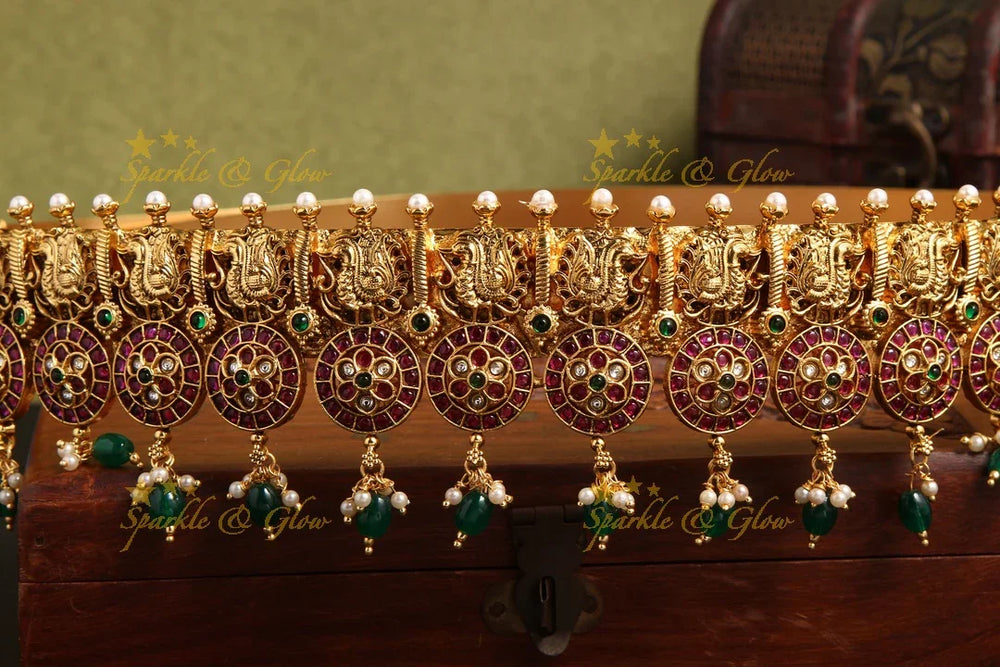 Gold Alike Kemp stone peacock floral hipbelt with green beads - Sparkle and Glow