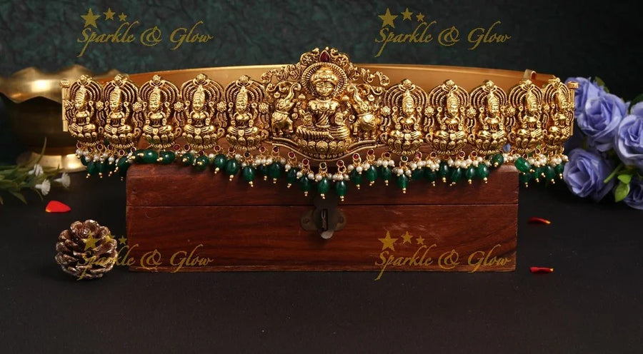 Beautiful Lakshmi Goddess Elephant hipbelt with green beads - Sparkle and Glow