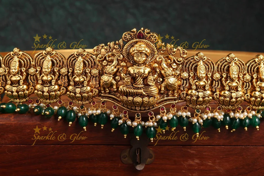 Beautiful Lakshmi Goddess Elephant hipbelt with green beads - Sparkle and Glow