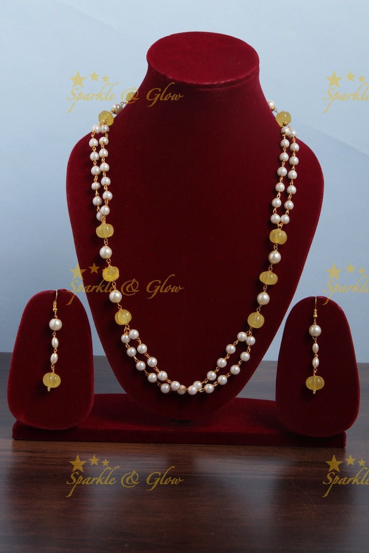 Beautiful Pearl long necklace with white beads - Sparkle and Glow - Yellow - Back Thread