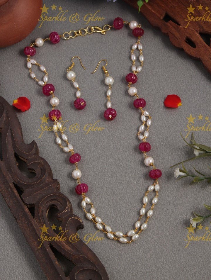 Beautiful Pearl long necklace with white beads - Sparkle and Glow - Pink - Back Thread