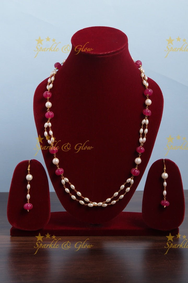 Beautiful Pearl long necklace with white beads - Sparkle and Glow - Yellow - Back Thread