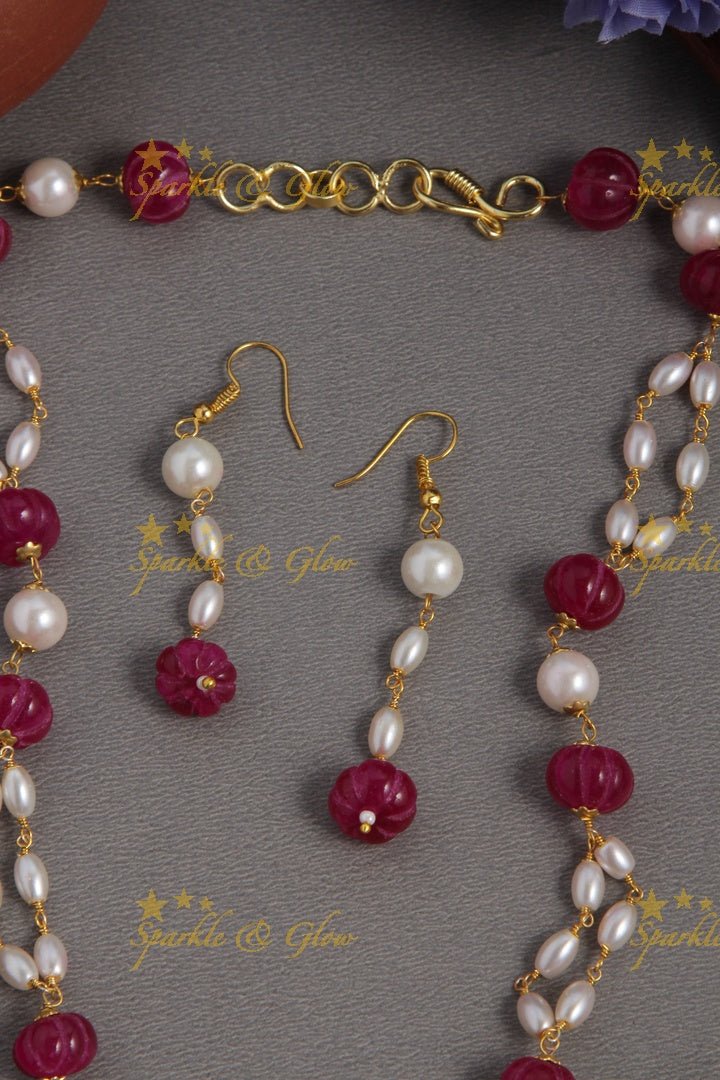 Beautiful Pearl long necklace with white beads - Sparkle and Glow - Yellow - Back Thread
