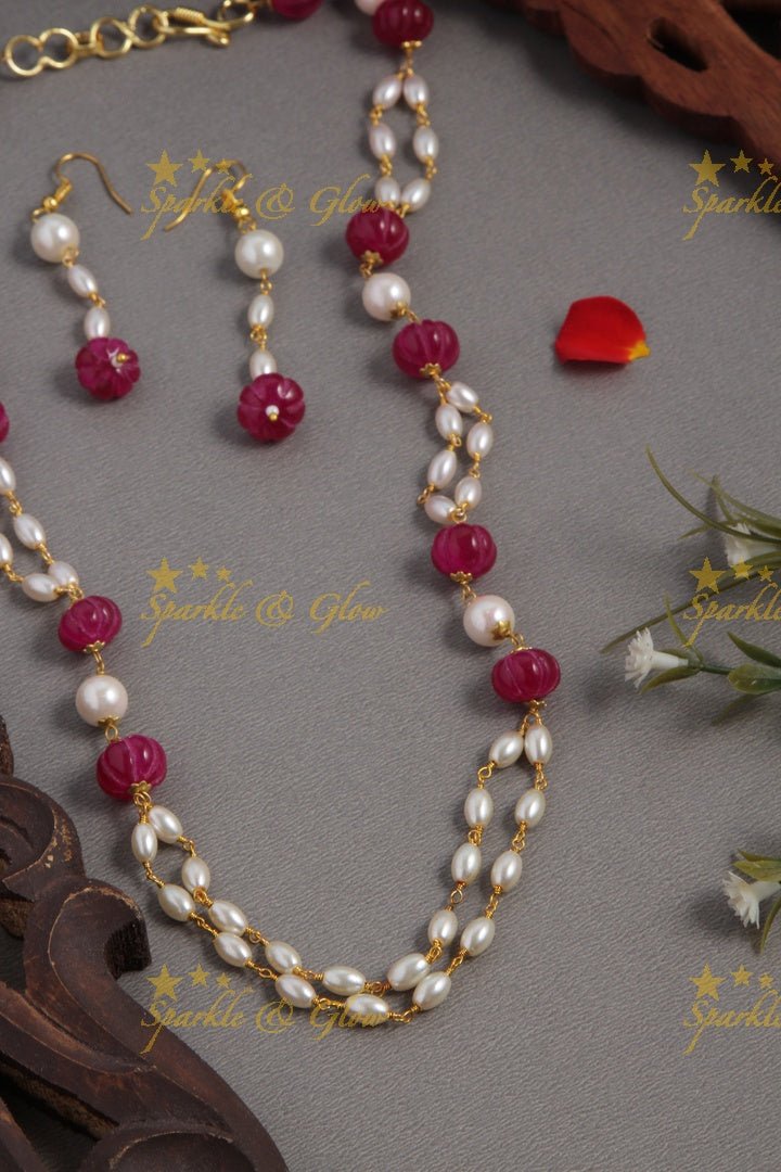 Beautiful Pearl long necklace with white beads - Sparkle and Glow - Yellow - Back Thread