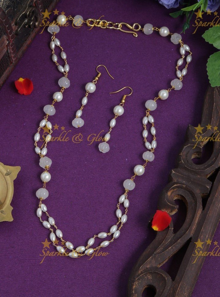 Beautiful Pearl long necklace with white beads - Sparkle and Glow - Pink - Back Thread