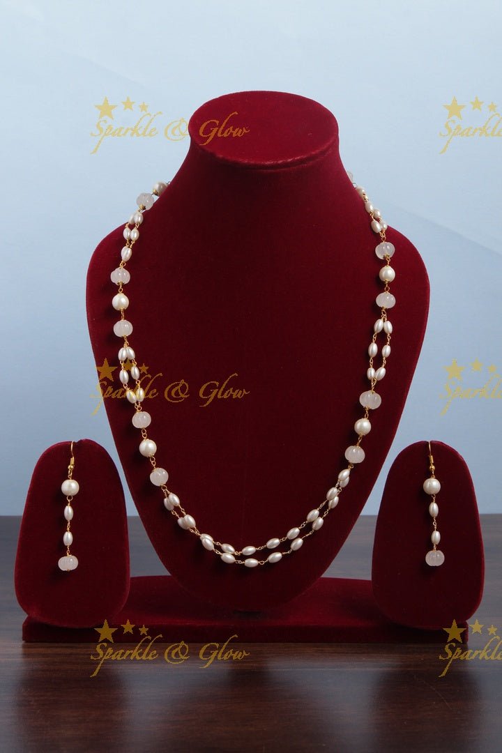 Beautiful Pearl long necklace with white beads - Sparkle and Glow - White - Back Thread