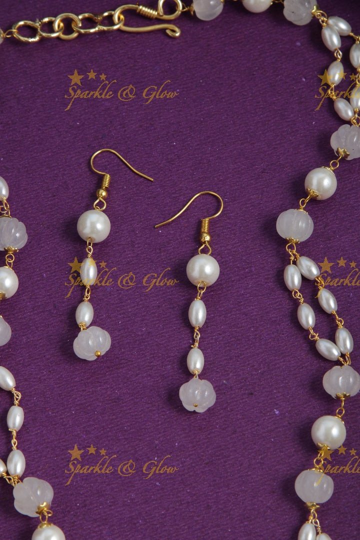 Beautiful Pearl long necklace with white beads - Sparkle and Glow - Orange - Back Thread