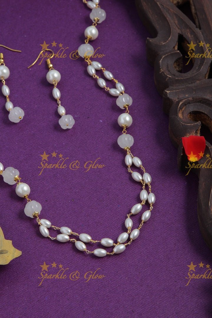 Beautiful Pearl long necklace with white beads - Sparkle and Glow - White - Back Thread