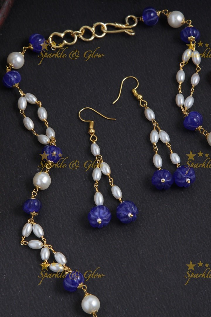 Beautiful Pearl long necklace with white beads - Sparkle and Glow - Blue - Back Thread