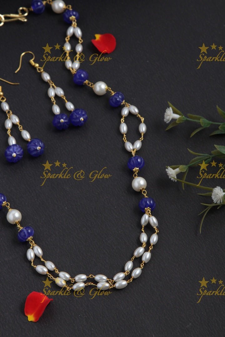 Beautiful Pearl long necklace with white beads - Sparkle and Glow - Yellow - Back Thread