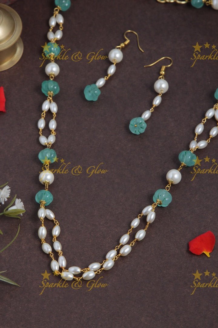 Beautiful Pearl long necklace with white beads - Sparkle and Glow - Yellow - Back Thread