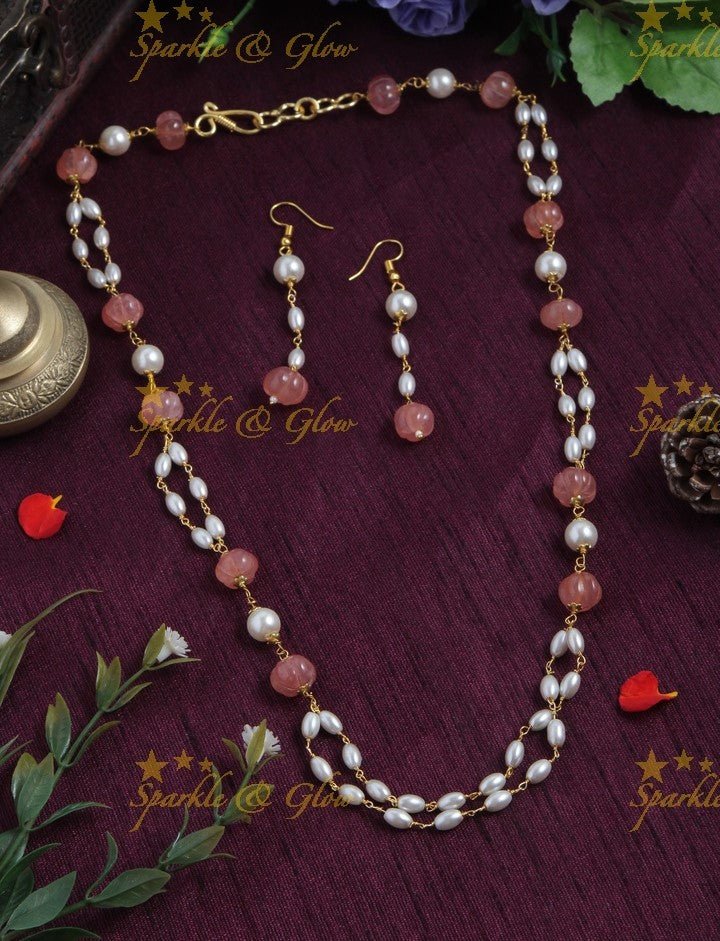 Beautiful Pearl long necklace with white beads - Sparkle and Glow - White - Back Thread