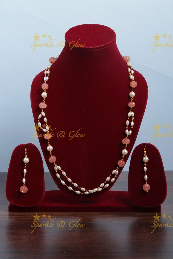 Beautiful Pearl long necklace with white beads - Sparkle and Glow - Orange - Back Thread