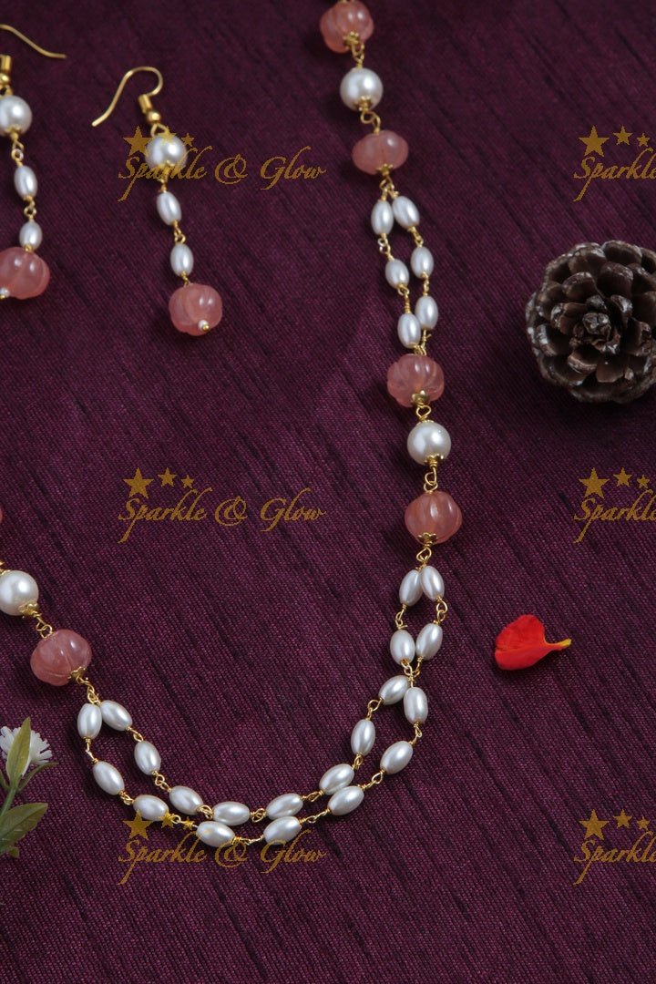 Beautiful Pearl long necklace with white beads - Sparkle and Glow - Blue - Back Thread