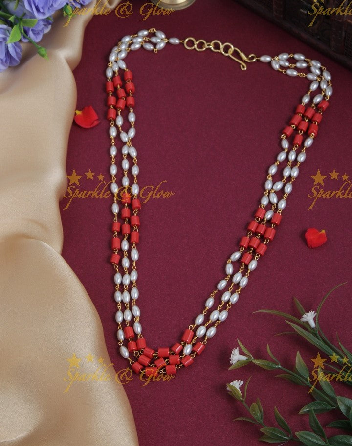 Three layered rice Pearl coral beads long necklace