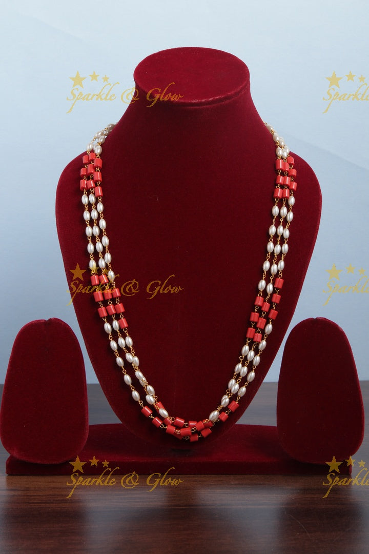 Three layered rice Pearl coral beads long necklace