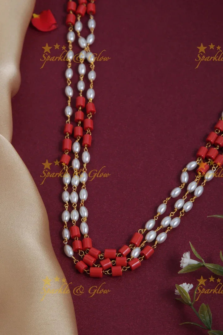 Back Thread Triple Layer Rice Pearl Coral Bead Necklace