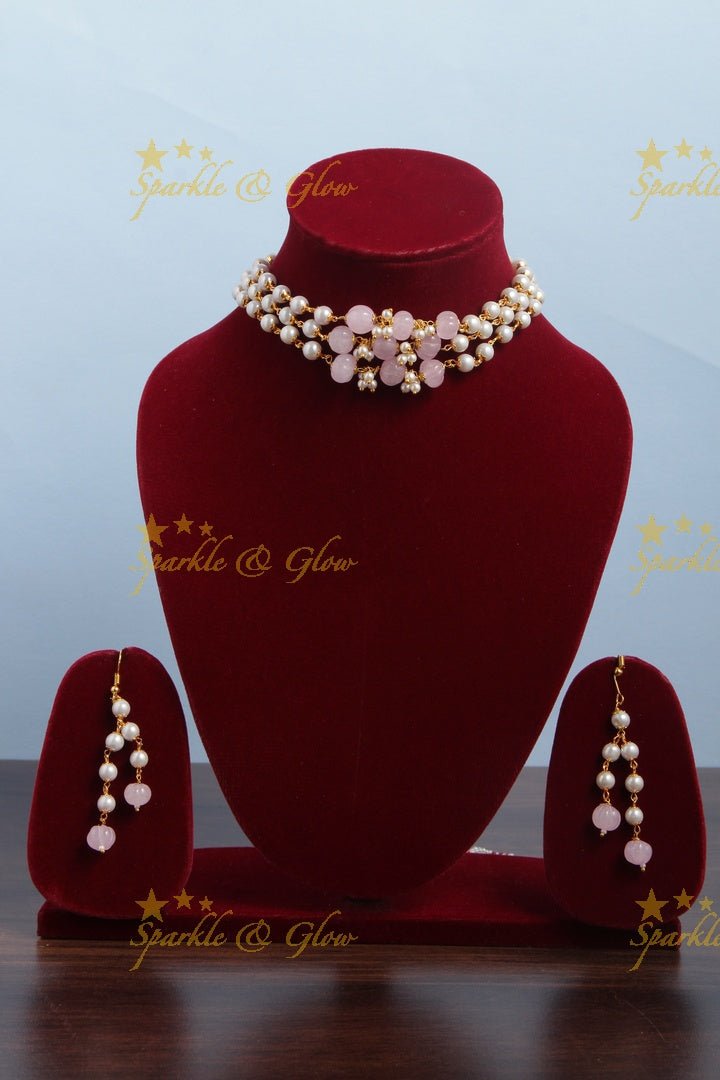 Beautiful Pearl choker with light violet beads - Sparkle and Glow - Light Blue - Back Thread