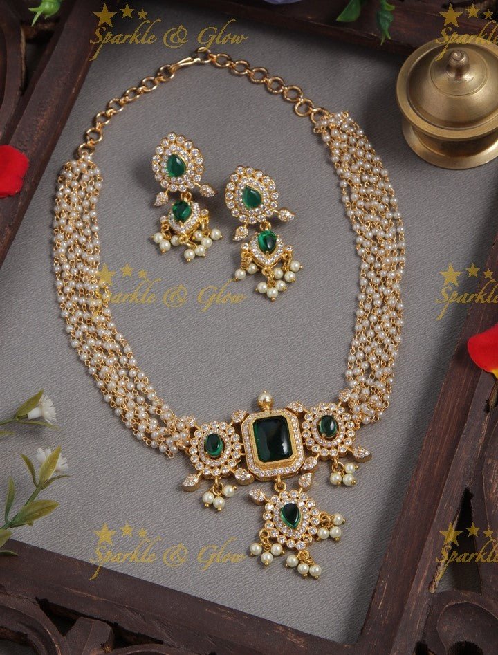 Beautiful Pearl choker with AD Stone pendent - Green - Sparkle and Glow - Green - Back Thread