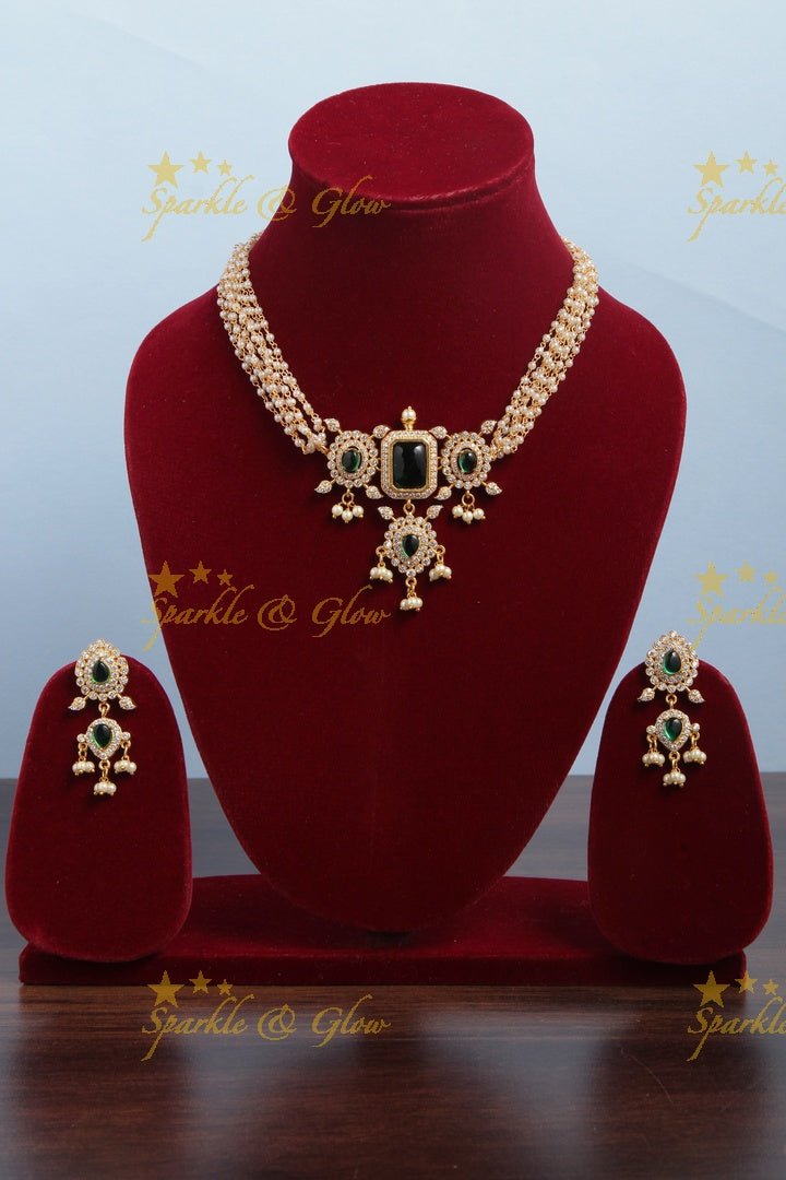 Beautiful Pearl choker with AD Stone pendent - Green - Sparkle and Glow - Green - Back Thread