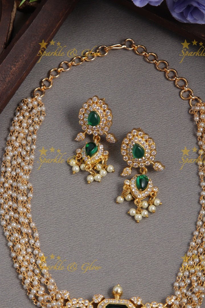 Beautiful Pearl choker with AD Stone pendent - Green - Sparkle and Glow - Green - Back Thread