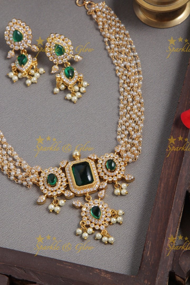 Beautiful Pearl choker with AD Stone pendent - Green - Sparkle and Glow - Green - Back Thread