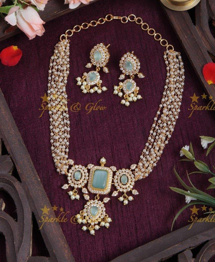 Beautiful Pearl choker with AD Stone pendent - Green - Sparkle and Glow