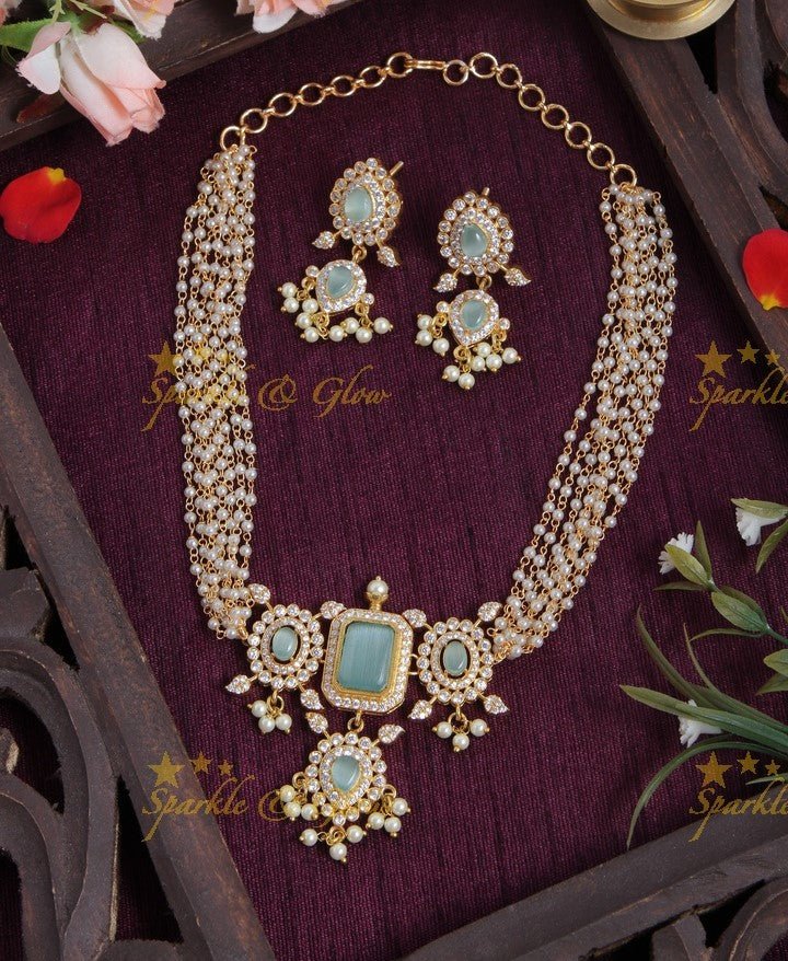 Beautiful Pearl choker with AD Stone pendent - Green - Sparkle and Glow - Mint Green - Back Chain