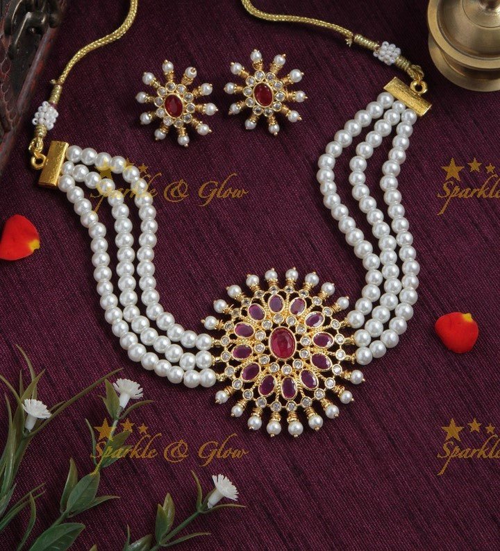 Pearl High Neck Choker - Pink - Sparkle and Glow - Pink - Back Thread