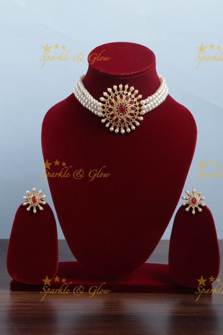 Pearl High Neck Choker - Pink - Sparkle and Glow - Pink - Back Thread