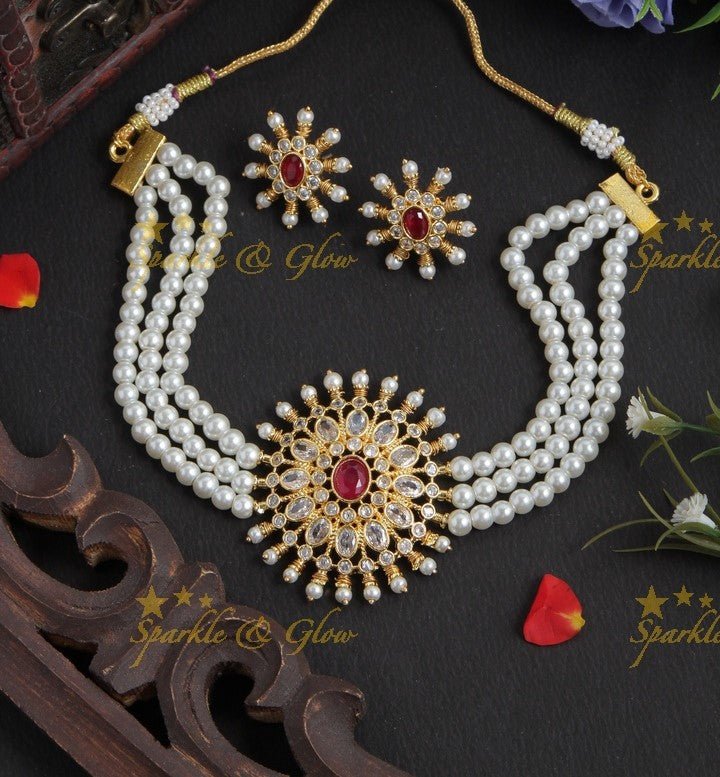 Pearl High Neck Choker - Pink - Sparkle and Glow - White - Back Thread