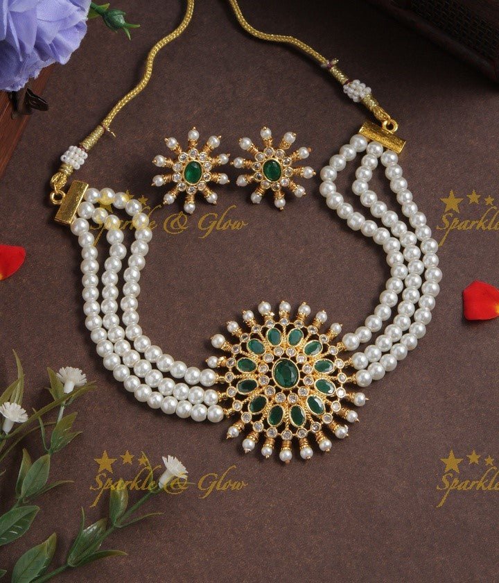 Pearl High Neck Choker - Pink - Sparkle and Glow - Green - Back Thread