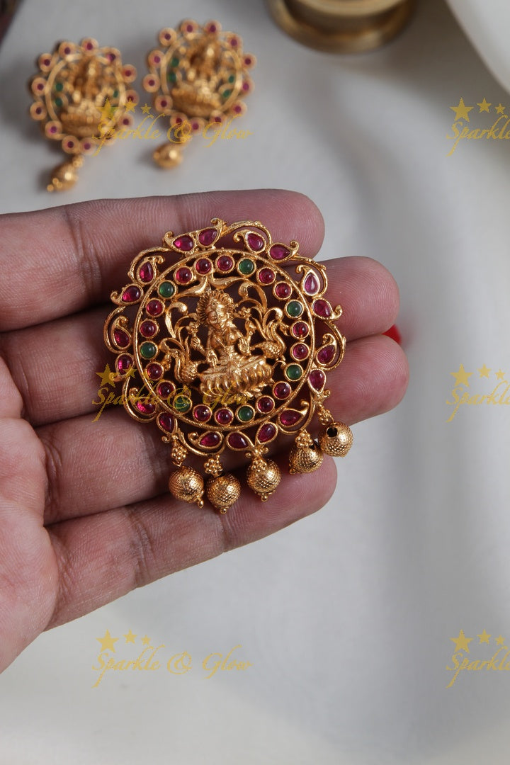 Premium Matt Lakshmi devi pendent set with gold beads