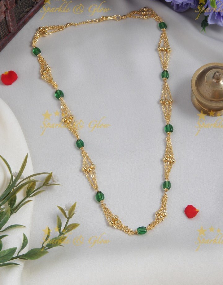 Gold alike long beads necklace - Green, 18 inches - Sparkle and Glow - Green - Back Thread