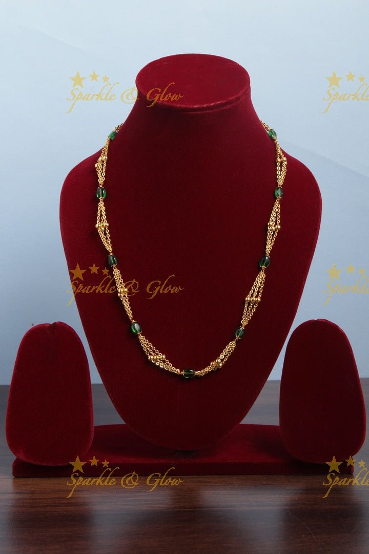 Gold alike long beads necklace - Green, 18 inches - Sparkle and Glow - Green - Back Thread