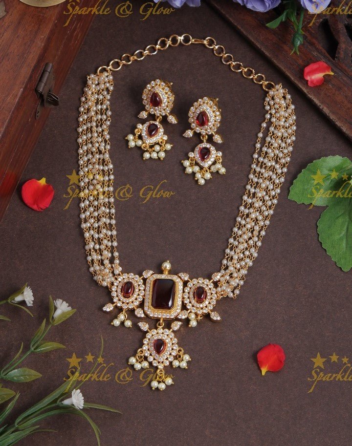 Beautiful Pearl choker with AD Stone pendent - Green - Sparkle and Glow - Pink - Back Thread