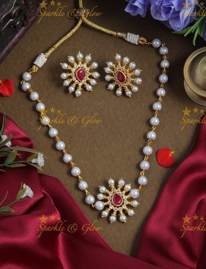 Pearl Floral pendent choker - Green - Sparkle and Glow - Pink - Back Thread