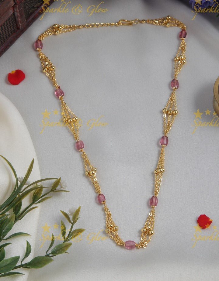 Gold alike long beads necklace - Green, 18 inches - Sparkle and Glow - Pink - Back Chain