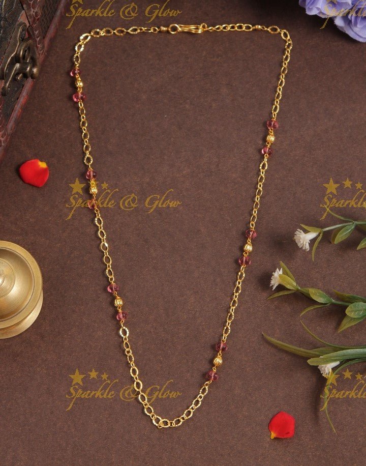 Budgetted gold beads multicolor beads long necklace - Multicolor, 18 inches - Sparkle and Glow - Pink - Back Thread