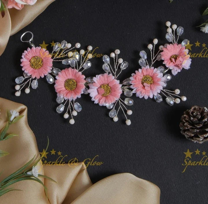 Sunflower type floral transparent pearl stone Hair Veena, Gajra - Sparkle and Glow