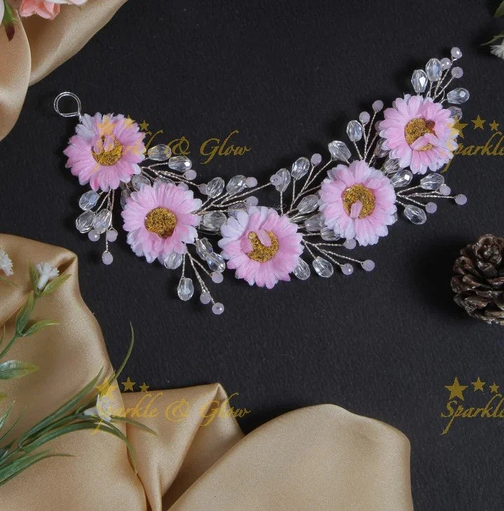 Sunflower type floral transparent pearl stone Hair Veena, Gajra - Sparkle and Glow