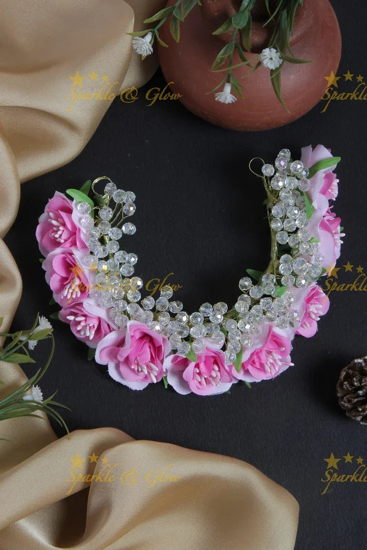 Pink Floral Tranparent Pearl Hair Veena, Gajra - Sparkle and Glow