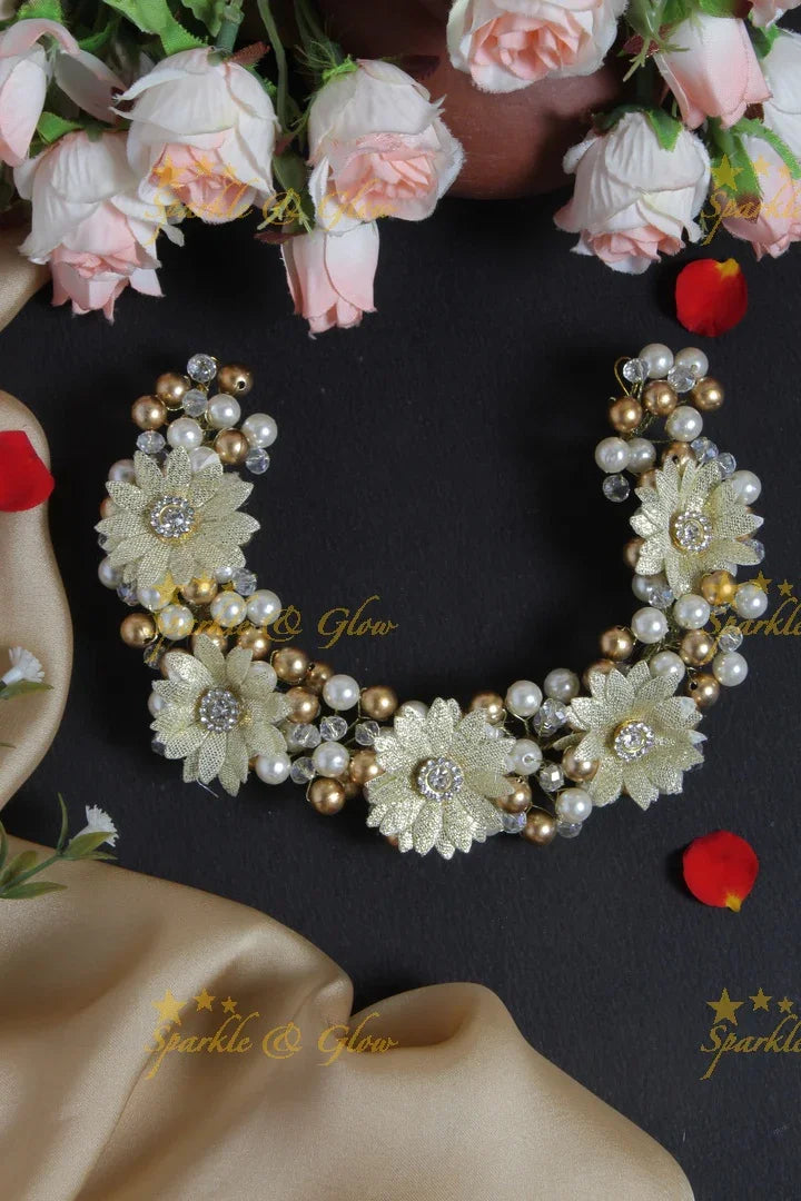 Gold Floral White Gold Pearl Hair Veena, Gajra - Sparkle and Glow