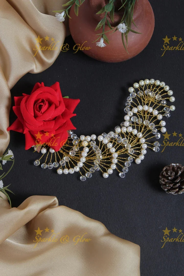 Side Rose White Transparent Pearl Hair Veena, Gajra - Sparkle and Glow