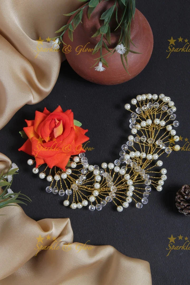 Side Rose White Transparent Pearl Hair Veena, Gajra - Sparkle and Glow
