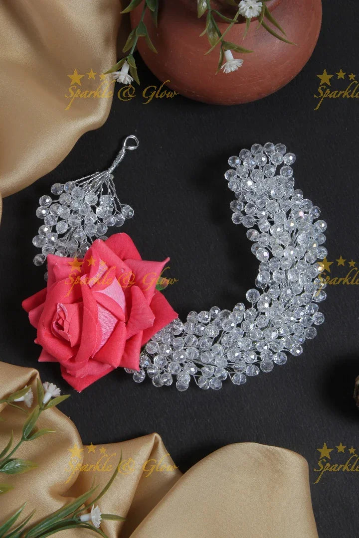 Pink Silver Rose Tranparent Pearl Hair Veena, Gajra - Sparkle and Glow